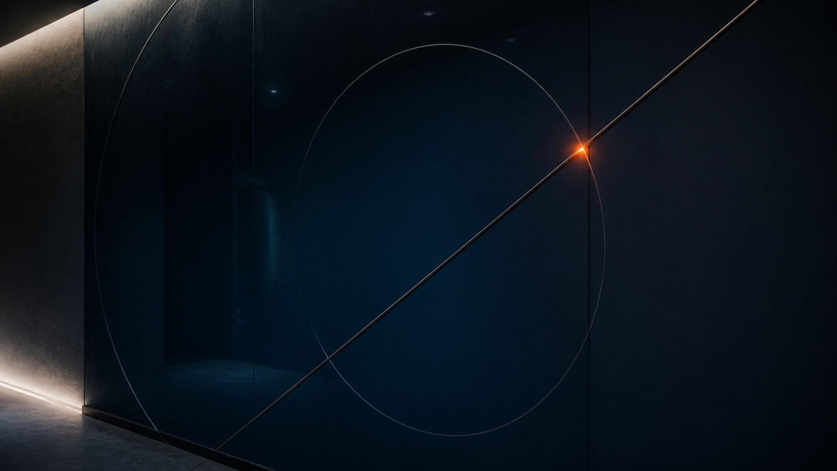 A dark architectural field converging on a precise point of light