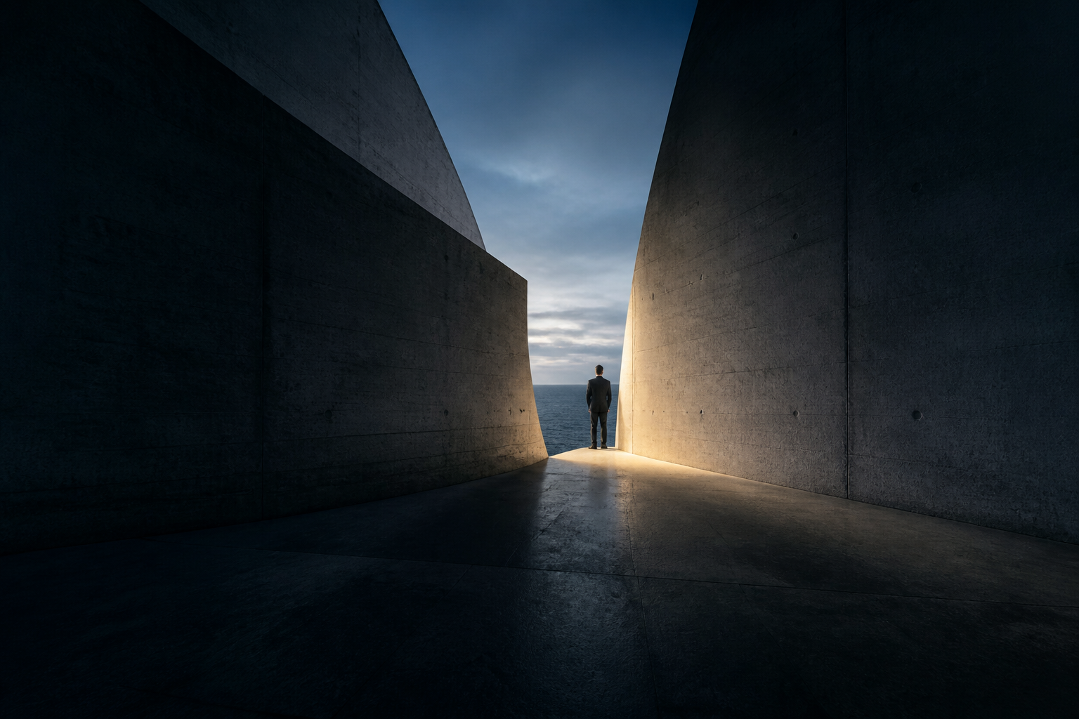A leader standing at the threshold between monumental concrete walls